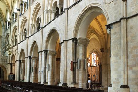 Chichester Cathedral interior nave arcade, tribune, and clerestory