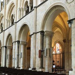Chichester Cathedral interior nave arcade, tribune, and clerestory