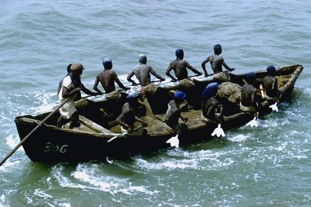 Men Paddling an Accra Surf Boat, Prior to Tema Harbor