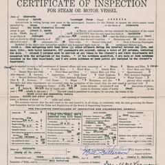 Certificate of inspection for the America