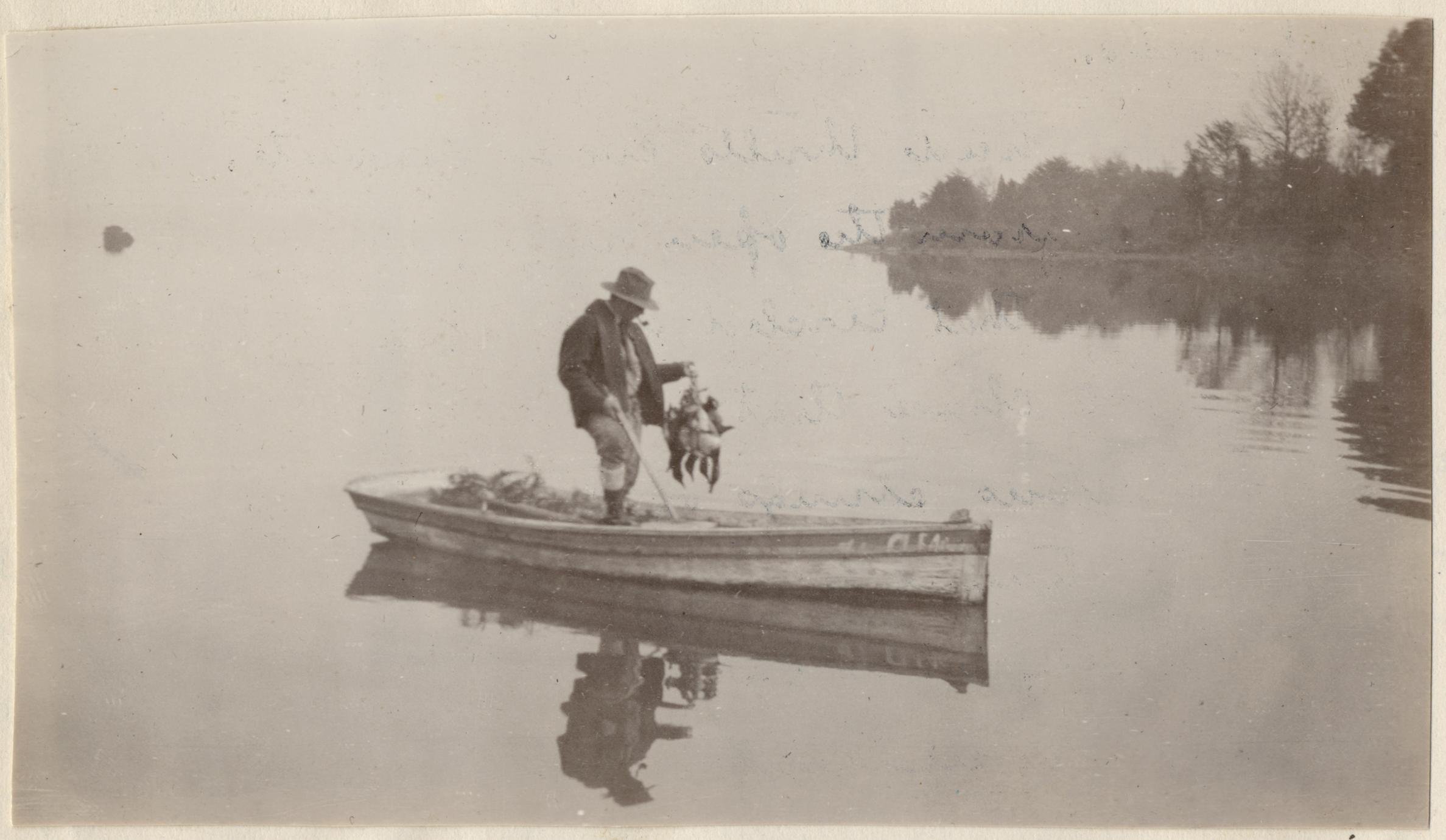 Aldo duck hunting from boat, Wicomico River, Maryland, November 1924