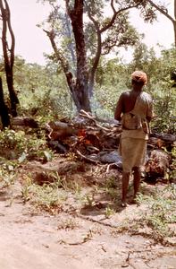 Woman Checking Fire to Produce Charcoal