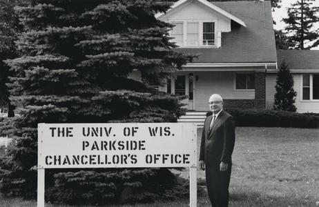 Chancellor Irvin G. Wyllie in front of the chancellor's office
