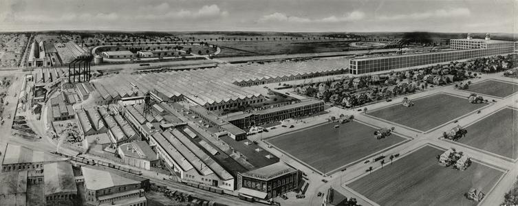 An illustrated aerial view of the Nash Motors plant
