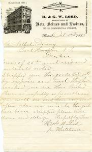 Letter, bills, and envelope from H & G.W. Lord to Nathaniel Dominy VII, 1883-1885