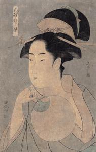 Half-length Portrait of Courtesan with Fan, from the series Scenes from Daily Life in Edo with Costumes of Purple