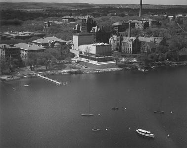 Aerial view of lakeshore and campus
