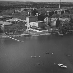 Aerial view of lakeshore and campus