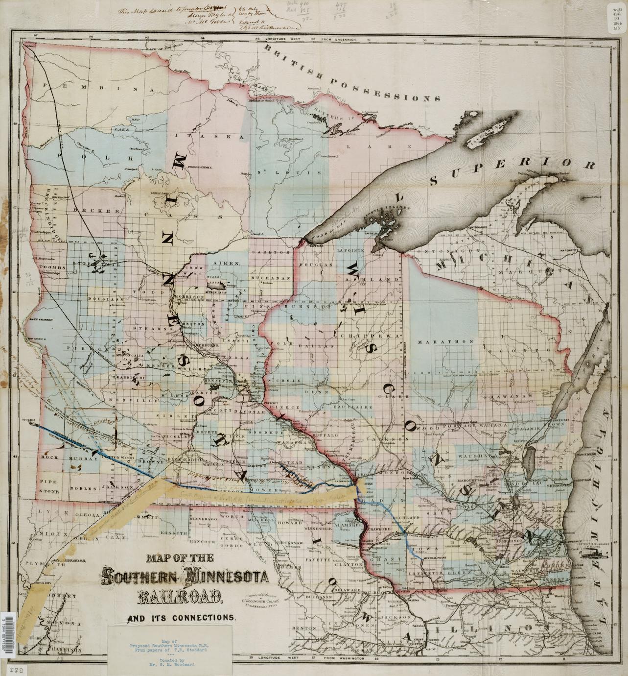 Map of the Southern Minnesota Railroad and its connections