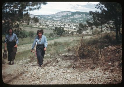 Couple of Red Cross girls hiking in southern France near Marseilles