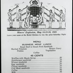 1925 Miners' Explosion menu with prices