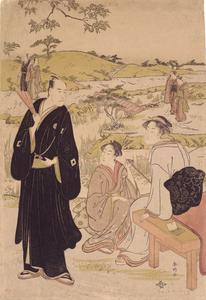 The Actors Ichikawa Danjuro V and Iwai Hanshiro IV with a Young Woman in a Garden