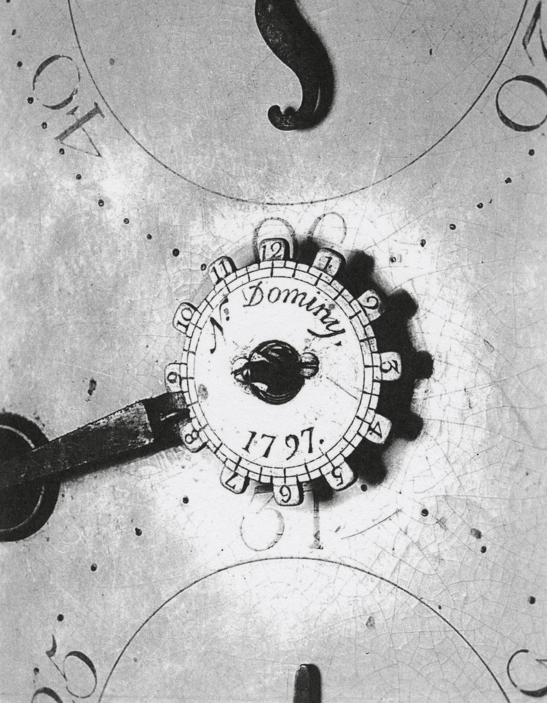 Black and white photograph of Nathaniel Dominy's signature and date on an eight-day, strike, repeater, alarm clock.