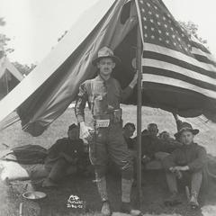 Soldiers around the American flag at Camp Douglas