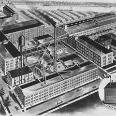 Artist's sketch of Hamilton Manufacturing Company with inset of first factory