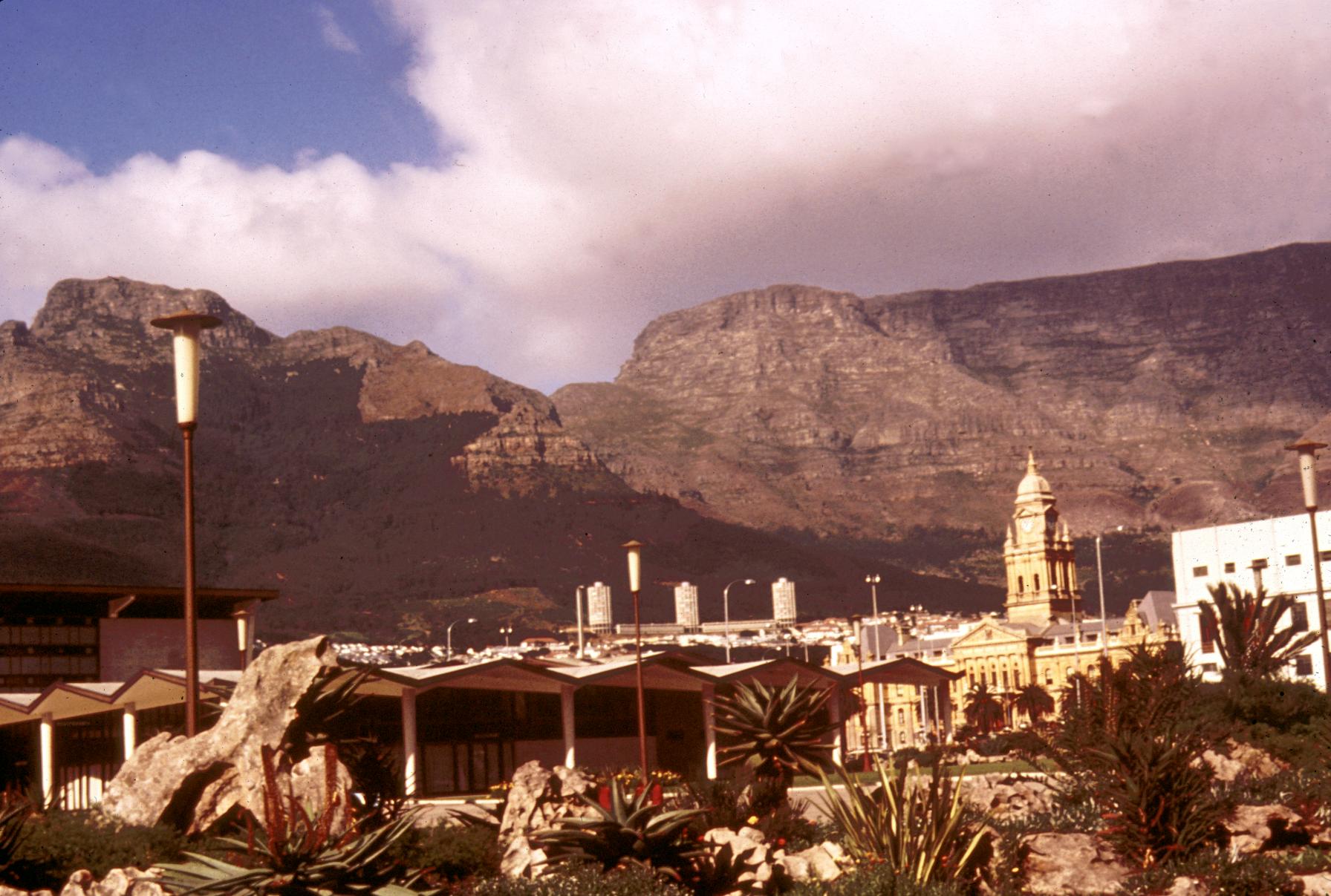 View of Cape Town with Train Station in Foreground, Tower of Synagogue, and Table Mountain