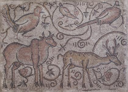 Mosaic of Cock, Bird, Pheasant, Bull, and Deer in Vine Scroll Pattern