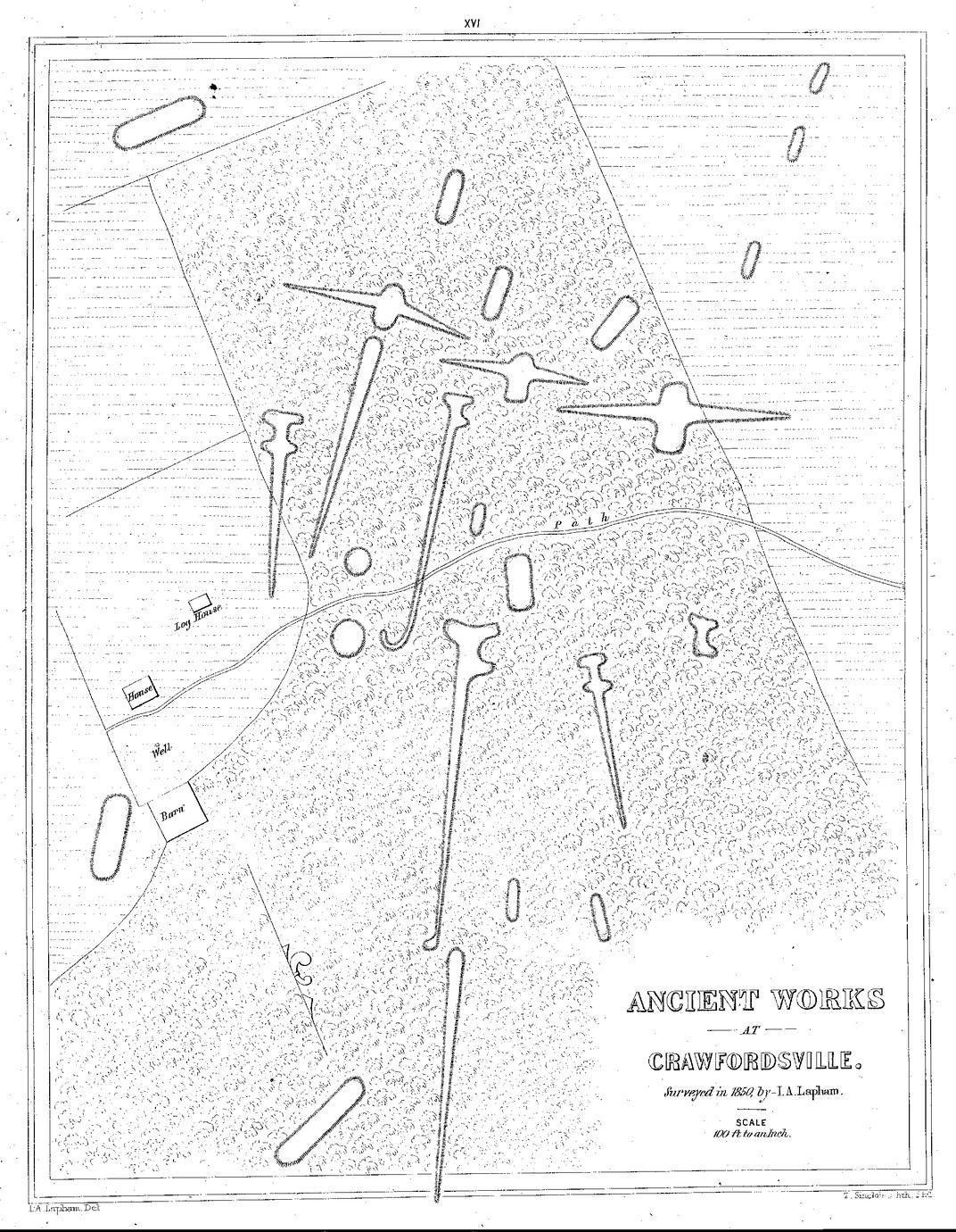 XVI. Ancient Works at Crawfordsville. Surveyed in 1850, by&mdash;I. A. Lapham. Scale 100 ft. to an Inch.