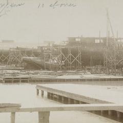 Whaleback shipyard from dock with ten ships under construction