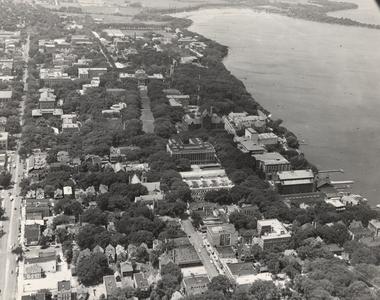 Aerial view of campus, with Quonset huts