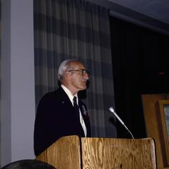 Dedication ceremony with Arthur D. Hasler at podium
