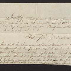 Affidavit, Oct. 1827, certifying that David Barnes, Sergeant, appeared on parade on Oct. 11, 1827