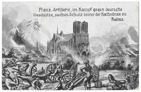 Franz. Artillerie, im Kampf gegen deutsche Geschütze, suchen Schutz hinter der Kathedrale zu Reims