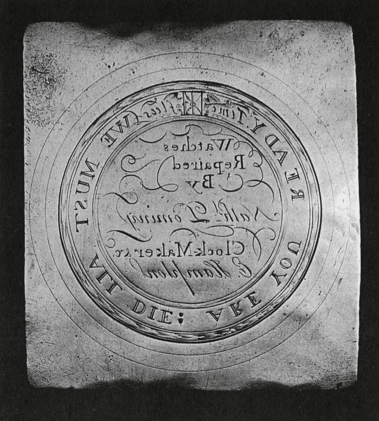Black and white photograph of the engraved copperplate for the watch paper of Nathaniel Dominy IV.