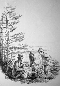 Man lecturing boy and girl on bog plant