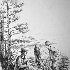 Man lecturing boy and girl on bog plant