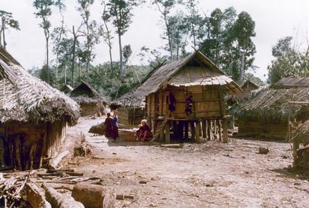 Akha village of Phate with rice storage houses in Houa Khong Province
