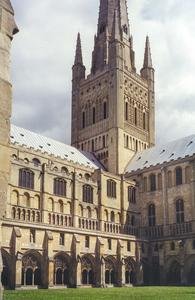 Norwich Cathedral tower cloister and nave from southwest