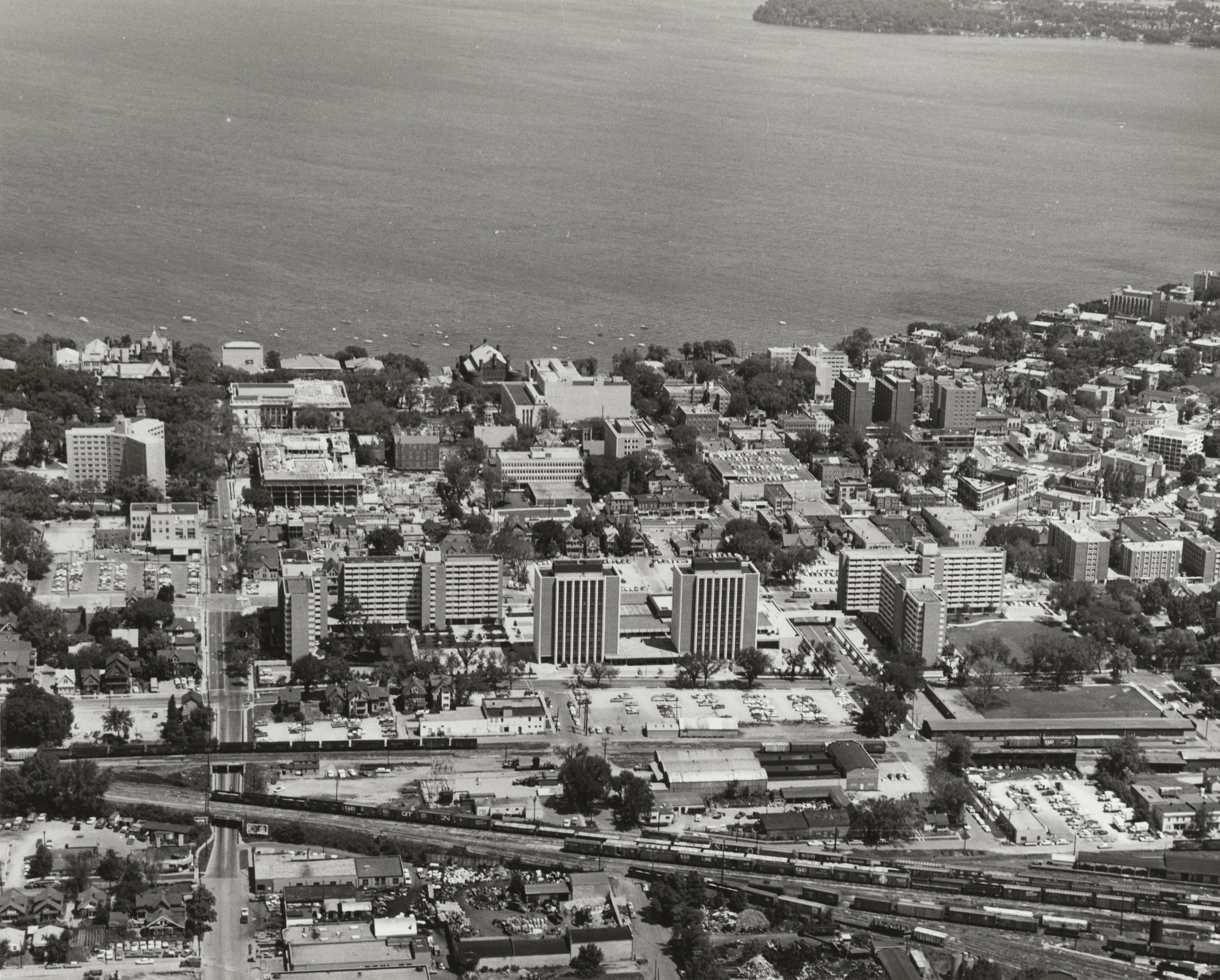 Aerial view of stadium and Fieldhouse - UWDC - UW-Madison Libraries