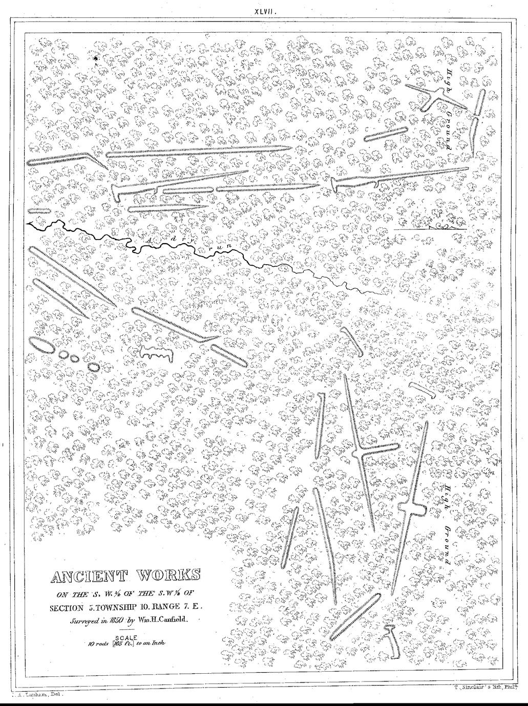 XLVII. Ancient Works on the S. W. &frac14; of the S. W &frac14; of Section 5, Township 10, Range 7. E. Surveyed in 1850 by Wm. H. Canfield. Scale 10 rods [165 ft.] to an Inch