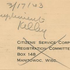 Citizens' Service Corps registration card