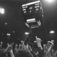 Men's basketball game scoreboard in the Brown County Veterans Memorial Arena