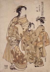 The Courtesan Nanaaya of the Kadokanaya with Two Child Attendants, from the series First Patterns of Young Greens