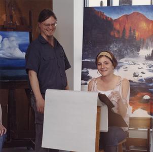 Art professor Josh Lesniak with student in art studio