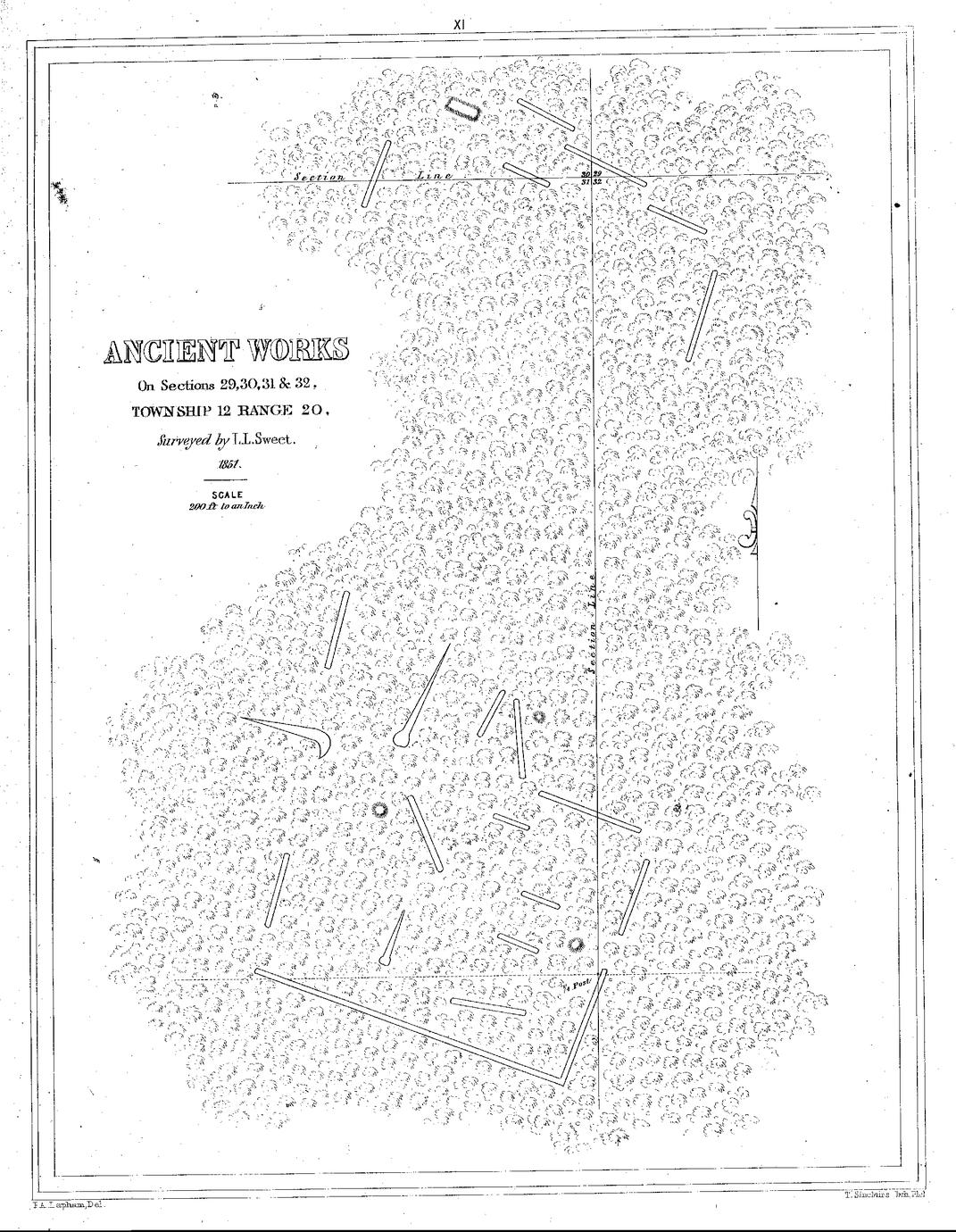 XI. Ancient Works On Sections 29, 30, 31, & 32, Township 12 Range 20, Surveyed by L. L. Sweet, 1851. Scale 200 ft. to an Inch