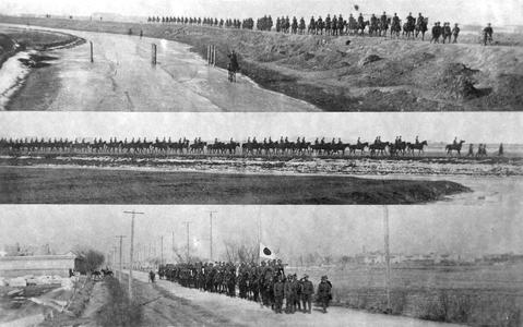 Japanese troops marching on the road in a suburb of Tianjin 天津.