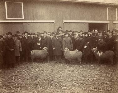 Sheep barn and students