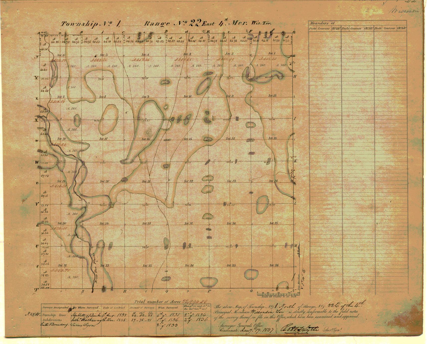 [Public Land Survey System map: Wisconsin Township 01 North, Range 22 East]