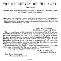 Letter from the Secretary of the Navy, transmitting, in compliance with resolution of January 27, report of Lieutenant Taunt of a journey on the river Congo