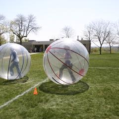 Students have fun in giant hamster balls