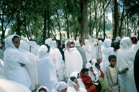 Women Outside Church in Ethiopian Embroidered Dresses