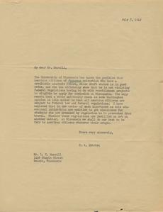 Letter to Mr. Merrill from Dykstra about Japanese American applications to the college