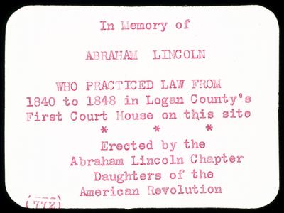 Inscription on boulder marking site of Logan County, Illinois, Courthouse