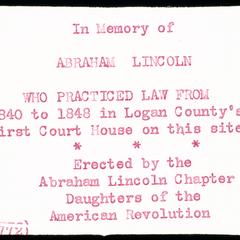 Inscription on boulder marking site of Logan County, Illinois, Courthouse