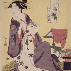 The Courtesan Hinazuru of the Choji Establishment Holding a Fan, Peony from the series Six Beauties of the Licensed Quarters Compared with Flowers