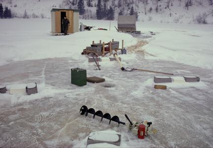 Observation station for observing fishes under the grey ice